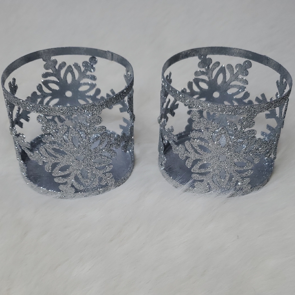 Silver Glitter Snowflake Candle Holders Set of 2